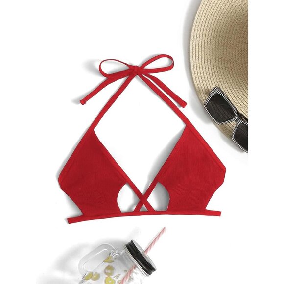 🆕Women's Red Cut Out Tie Knot Halter Swimwear Triangle Bikini Top - Picture 5 of 6